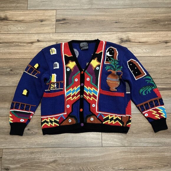 Berek Marta D Cardigan Sweater SZ Small Fiesta Southwest 1989 Vintage Funky Knit - Picture 1 of 8